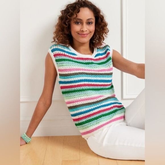 TALBOTS Sleeveless Crochet Colorful Striped Sweater Open Knit Women Large Petite - Picture 1 of 7